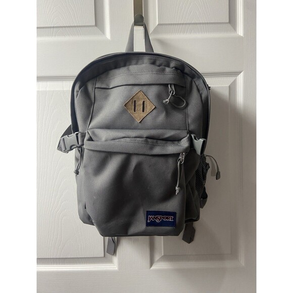 Jansport Backpack Bookbag Gray Canvas Bottom 18” Water Bottle Holder EUC Padded - Picture 1 of 5